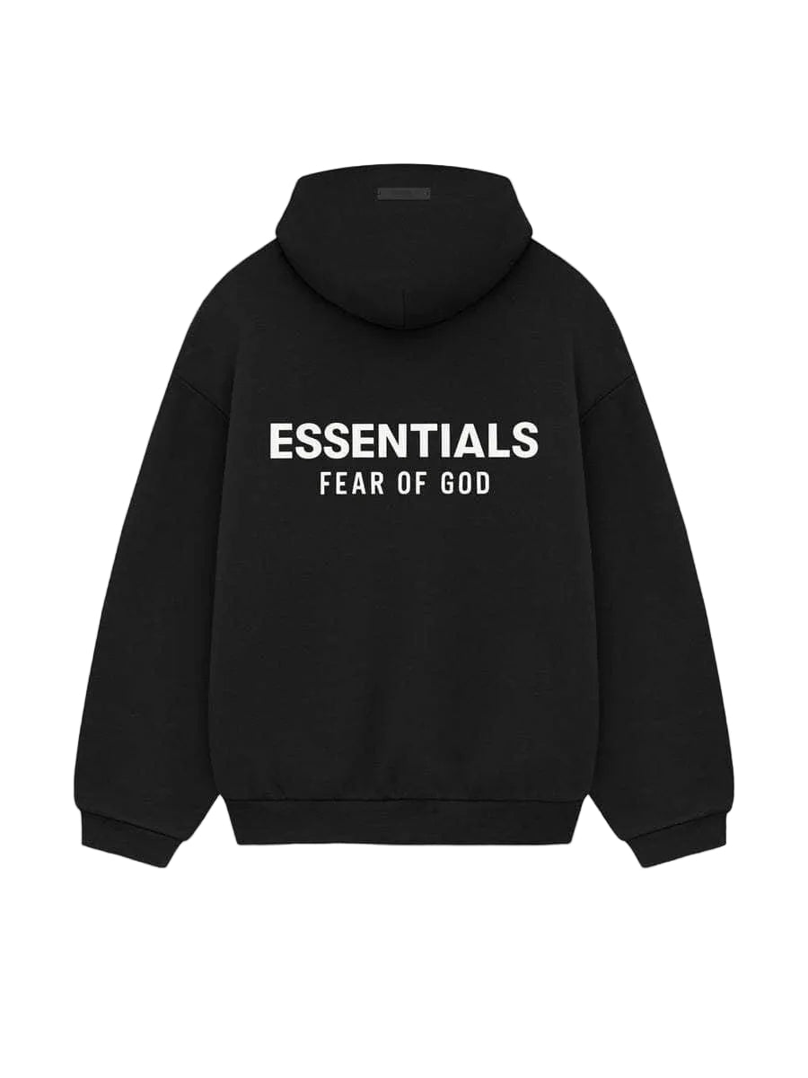 Black hoodie with 'ESSENTIALS FEAR OF GOD' text on a white background