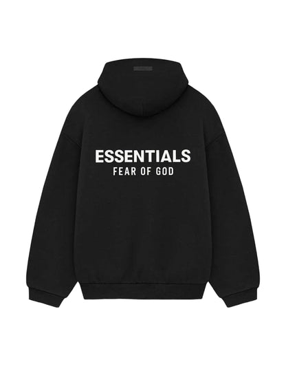 Black hoodie with 'ESSENTIALS FEAR OF GOD' text on a white background